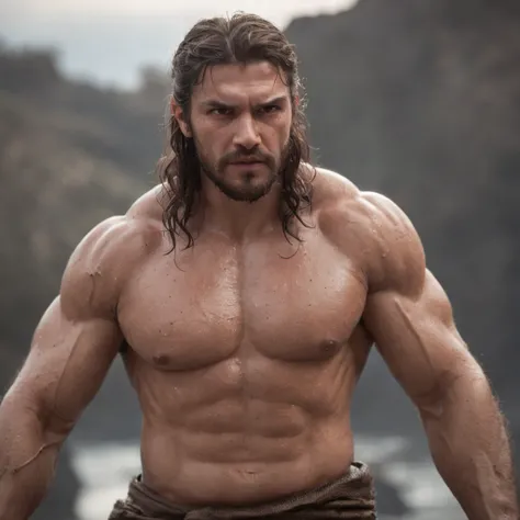 (Professional 3D rendering:1.3) de (Realistic:1.3) Foto de arte mais bonita do mundo，Features soft, bright male heroes, ((Epic hero fantasy rough muscular man wet hero angry look long hair short beard and fierce expression in dynamic pose, fantastic locati...