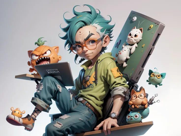 A young man with glasses sits at his desk，holding laptop，digitial painting，3D character design by Mark Clairen and Pixar and Hayao Miyazaki and Akira Toriyama，4K HD illustration，Very detailed facial features and cartoon-style visuals。