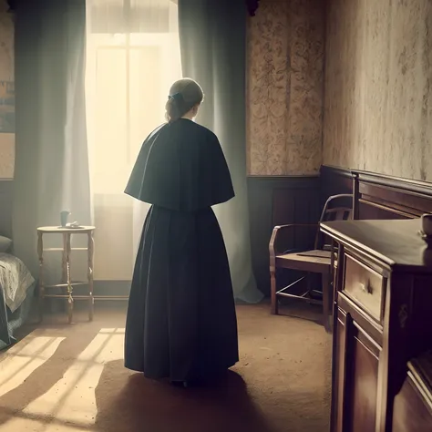 There is a woman standing in a room with a bed and a table, Vitoriano, Florence Nightingale, Em uma casa vitoriana empoeirada, dramatic movie still, kramskoi 4 mil, mulher em vestes pretas, ainda do filme, ainda do filme, ainda de um filme, Morning light, ...