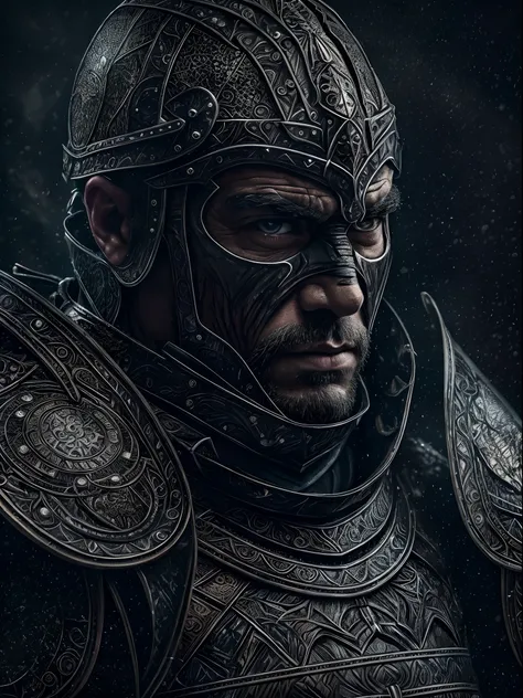 a highly detailed portrait of a man warrior with a scarred face in intricate black plate armor, mysterious dark nature backgroun...