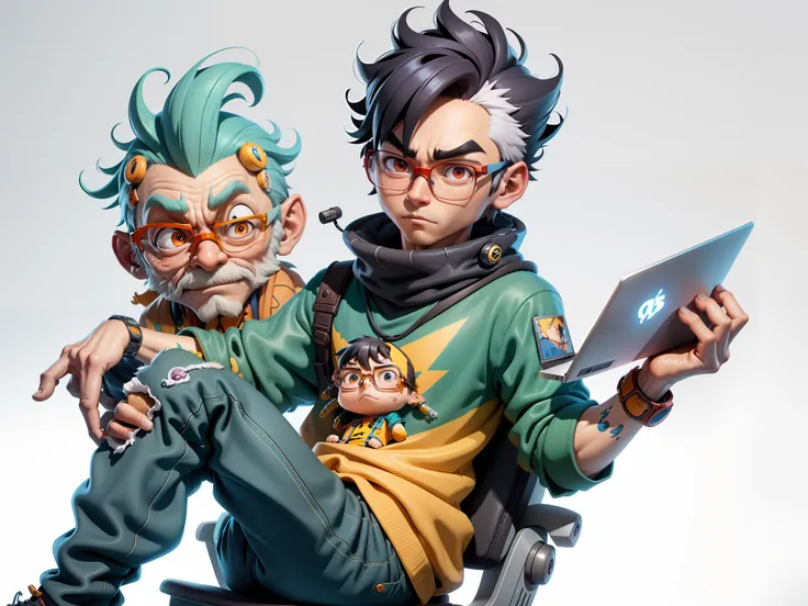 A young man with glasses sits at his desk，holding laptop，digitial painting，3D character design by Mark Clairen and Pixar and Hayao Miyazaki and Akira Toriyama，4K HD illustration，Very detailed facial features and cartoon-style visuals。