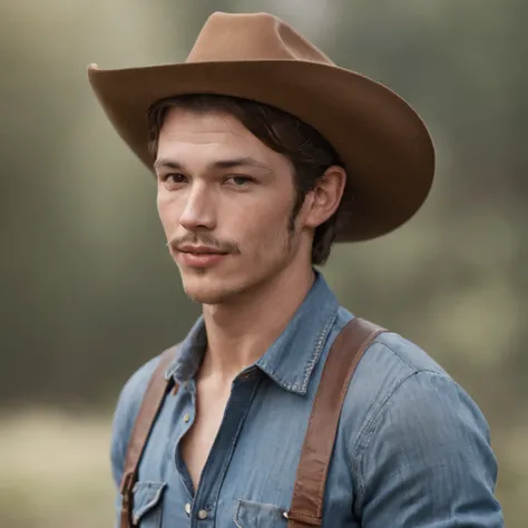 A photorealistic portrait of a young man in a rancher clothes, a tan shirt, suspenders and blue jeans wearing a rancher hat, hyper realistic, photorealistic, natural hair, natural face, mustache, sideburns, big depth of field, hyper detailed, dennis weaver...