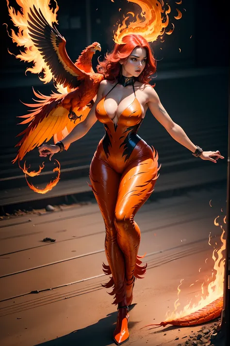 recreation, sexy woman, like the Phoenix bird, from the x-men movies, huge bird wrapped in flames and red-orange plumage, like fire, has the body of a fish, neck of a snake and the lower part of a turtle --auto