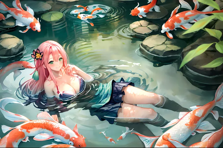 (swimming in pond with koi fish:1.2) 8k high definition, Mitsuri Kanroji, gradient hair, pink hair, green hair, white yukata, huge natural breasts, shy embarrassed smile, Japanese garden background