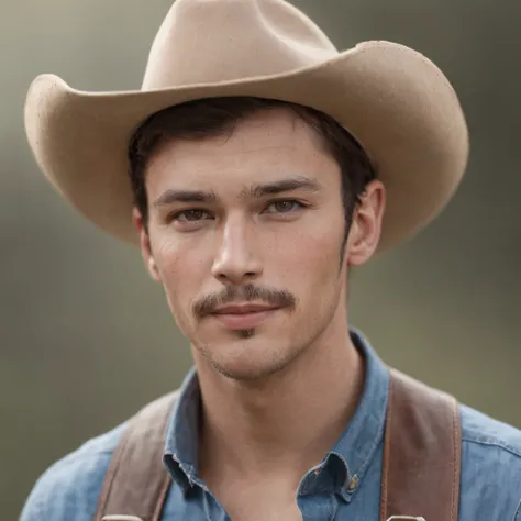 A photorealistic portrait of a man in rancher clothes, a tan shirt, suspenders and blue jeans wearing a rancher hat, hyper realistic, photorealistic, natural hair, natural face, mustache, sideburns, big depth of field, hyper detailed, sun beaten