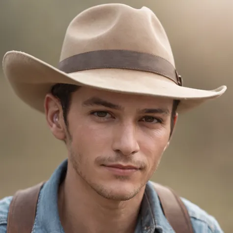 A photorealistic portrait of a man in rancher clothes, a tan shirt, suspenders and blue jeans wearing a rancher hat, hyper realistic, photorealistic, natural hair, natural face, mustache, sideburns, big depth of field, hyper detailed, sun beaten