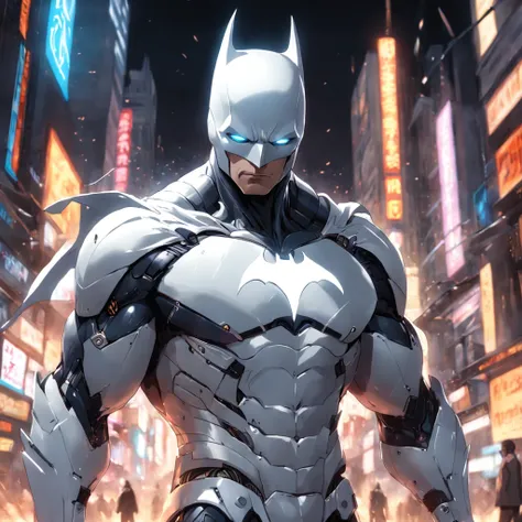 A realistic depiction of an advanced cybernetic suit wearing white Batman.