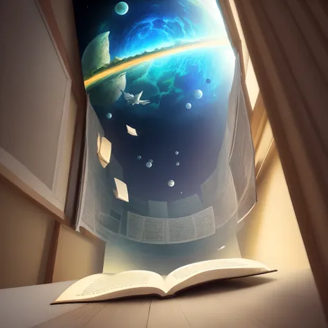 A picture of an open flying book with a picture of another strange world painted on it