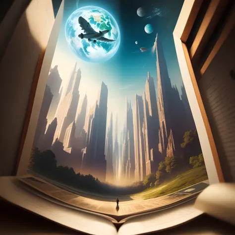 A picture of an open flying book with a picture of another strange world painted on it