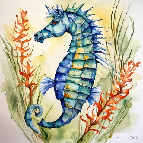 sea horse,Photorealistic,ink and watercolor painting,​masterpiece