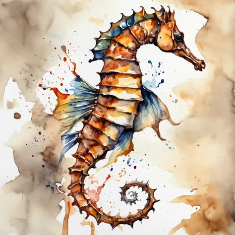 sea horse,Photorealistic,ink and watercolor painting,​masterpiece