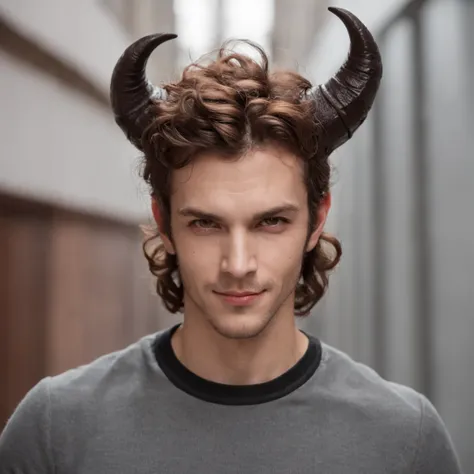 Generate an image of a handsome devil with curly hair. Depict a devilish figure with charming features and a mischievous grin. The curly hair should cascade in a wild yet alluring manner, framing the devils face in a way that adds to their charismatic appe...