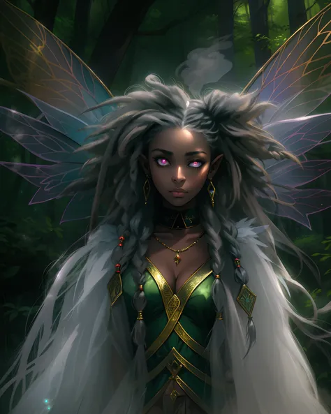 sad hyper realistic, beautiful sad african american dark cloud fairy sark princess fairy, large fairy wings, long silver shiny dreadlocks, GLOWING GOLD EYES, surrounded my dark thick smoke in a green dark forest, GIANT FAIRY WINGS, holding a white storm cl...