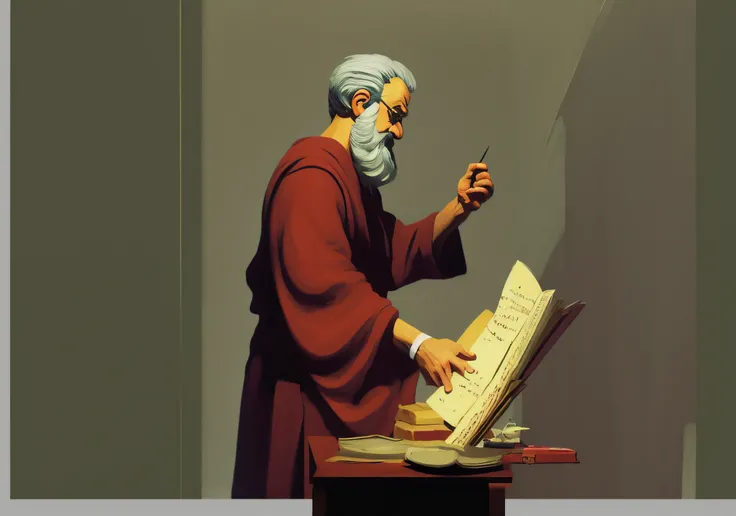 Homem com barba e barba segurando uma caneta e escrevendo, Arquimedes, philosopher, Nicodemos, wizard reading a directory, moses, theophanes, Hermes Trismegisto;, academic painting, bible illustration, Estoicismo, inspired by Nicomachus of Thebes, monge, g...