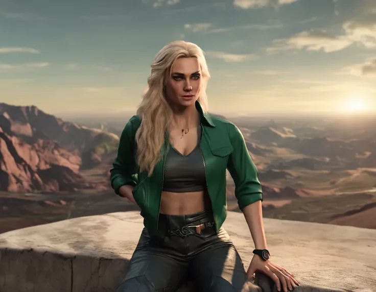 a beautiful 25 years old British female vampire, with braided blonde hair, wearing dark green shirt and black tight pants, splash art style, battle ready pose, looking at viewer, dynamic angle, photo realism, volumetric lighting, intricate hand details, hi...