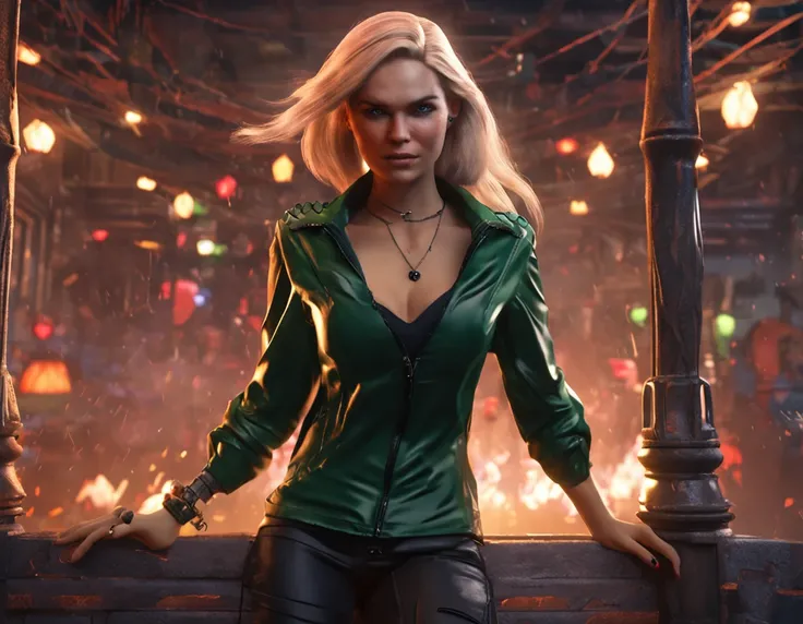 a beautiful 25 years old British female vampire, with braided blonde hair, wearing dark green shirt and black tight pants, splash art style, battle ready pose, looking at viewer, dynamic angle, photo realism, volumetric lighting, intricate hand details, hi...