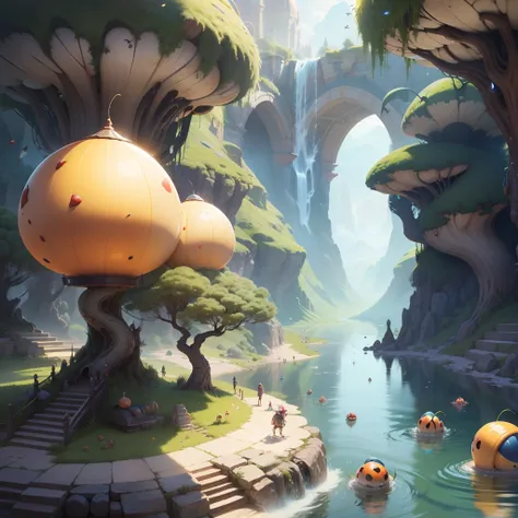 Fantasy, Cartoon illustration of a fantasy world with bizarre large snails and ladybugs, Flying over the surface of the lake, Everyone is cheerful and happy. close-up, cartoon style Disney Pixar. cinematic, Lots of details. Blurred fantasy background. ligh...