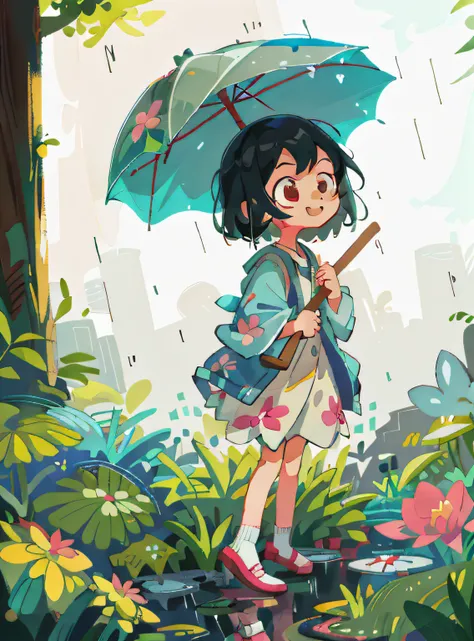 masterpiece, best quality, 1girl,looking up umbrella, hair,short hair,floral dress, denim jacket,outdoar,rainmasterpiece, best q...