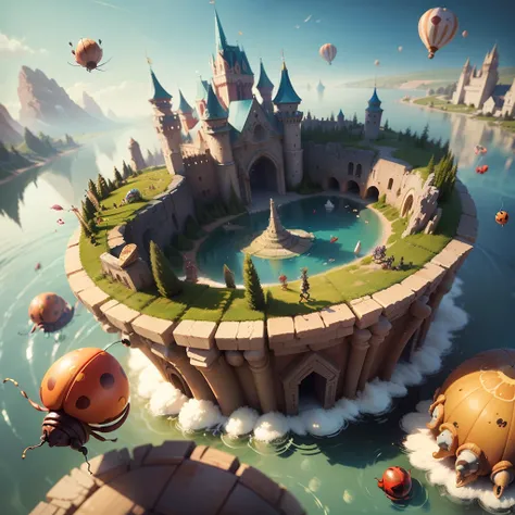 Fantasy, Cartoon illustration of a fantasy world with bizarre large snails and ladybugs, Flying over the surface of the lake, Everyone is cheerful and happy. close-up, cartoon style Disney Pixar. cinematic, Lots of details. Blurred fantasy background. ligh...