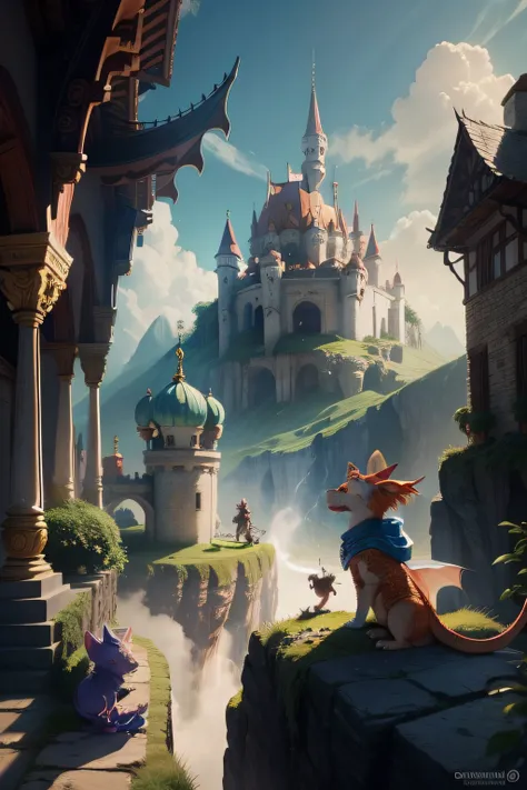 Crie uma imagem de Drako, The Brave Little Dragon, with a colorful coat and a curious expression, brincando animadamente com seus amigos gatos: Mia, Leo and Luna, in a magical setting full of adventures