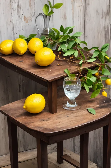 Lemon tree with fallen lemons and a table with cut lemons and a glass with water