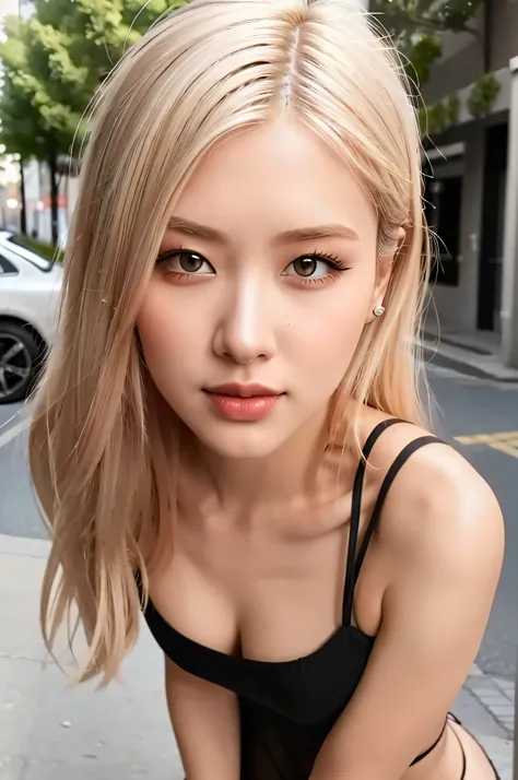 ((Realistic lighting, Best quality, 8K, Masterpiece: 1.3)), Clear focus: 1.3, 1girl, Perfect Figure: 1.4, Slim Abs: 1.8, ((platinum hair)), (see-through ripped mesh dress sexy: 1), (Outdoor, bright: 1.1), City streets, Super fine face, Fine eyes, Double ey...