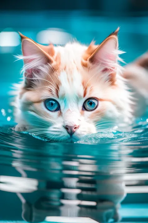 Cute Ragdoll cat kitten,smile,swimming in the pool,body is wet,eyes closed,eos r3 28mm