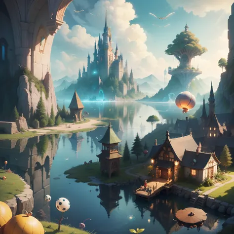 Fantasy, Cartoon illustration of a fantasy world with bizarre large caterpillars and snails, Flying over the surface of the lake, Everyone is cheerful and happy. close-up, cartoon style Disney Pixar. cinematic, Lots of details. Blurred fantasy background. ...