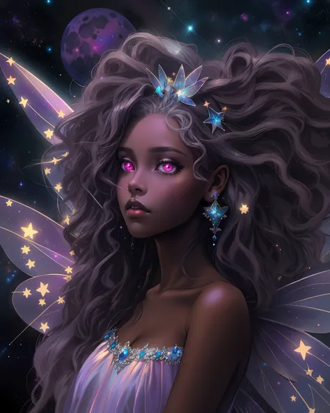 sad hyper realistic, beautiful sad african american dark cloud fairy dark princess fairy, large fairy wings, long silver shiny dreadlocks, white glowing eyes, surrounded by stars and galaxies in cosmic space, GIANT FAIRY WINGS, holding the MOON, masterpiec...