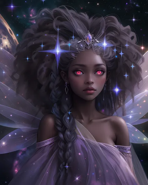 sad hyper realistic, beautiful sad african american dark cloud fairy dark princess fairy, large fairy wings, long silver shiny dreadlocks, white glowing eyes, surrounded by stars and galaxies in cosmic space, GIANT FAIRY WINGS, holding the MOON, masterpiec...