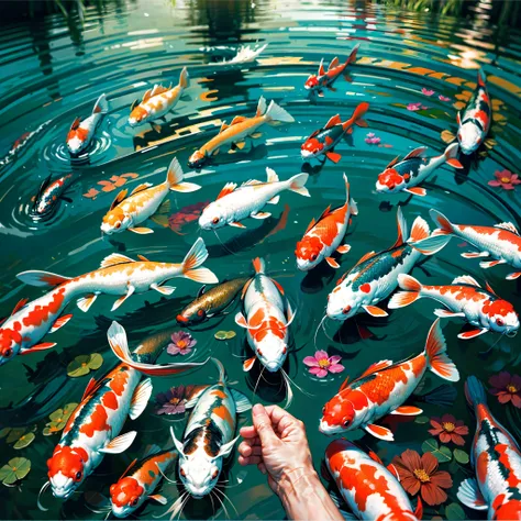 (masterpiece, highest resolution, extreme detail, high definition, depth of field, mesmerising, intricate, detailed), sitting with koi fish, first person view, my hand reaching out