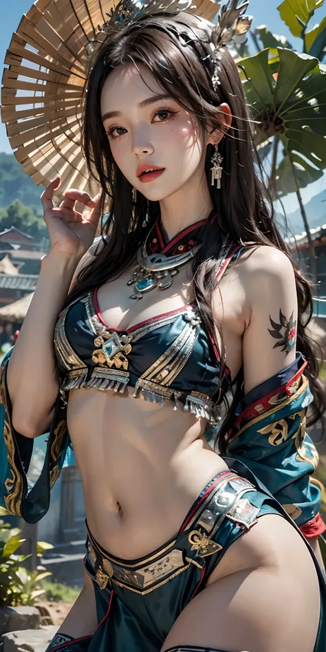 photorealistic, high resolution, soft light,1women, solo, hips up, shining skin, (detailed face), plateau,blue sky,rice fields,extreme detailed,torogao, hmong clothes, crown, jewelry, tattoo