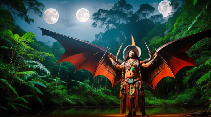 brazilian american indians with huge bat wings in the middle of amazon rainforest in full moon night. hyper-realistic image