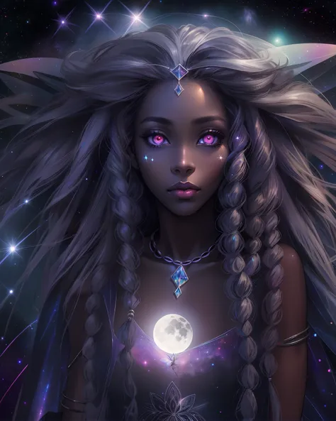 sad hyper realistic, beautiful sad african american dark cloud fairy dark princess fairy, large fairy wings, long silver shiny dreadlocks, white glowing eyes, surrounded by stars and galaxies in cosmic space, GIANT FAIRY WINGS, holding the MOON, masterpiec...