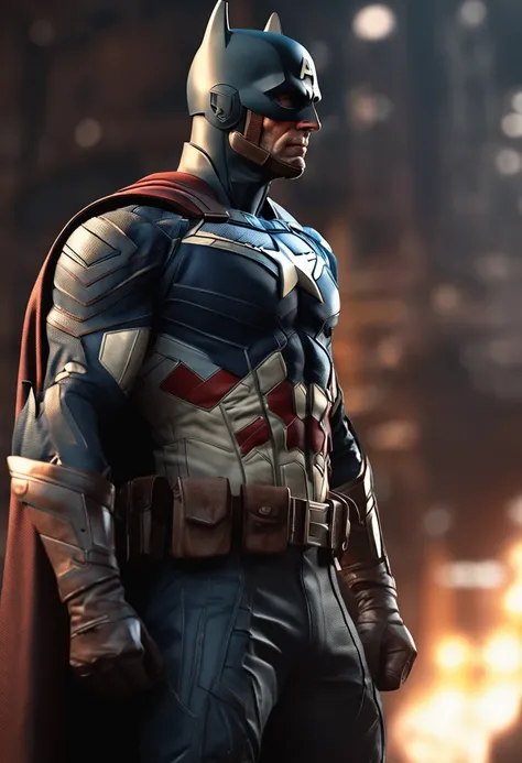 Full body photo of Captain America Batman style , looking at the center camera, perfect composition, bonito, detalhado, intrincado, Intricate octane render trend in Artstation, 8 k artistic photography, arte conceitual fotorrealista, soft natural volumetri...