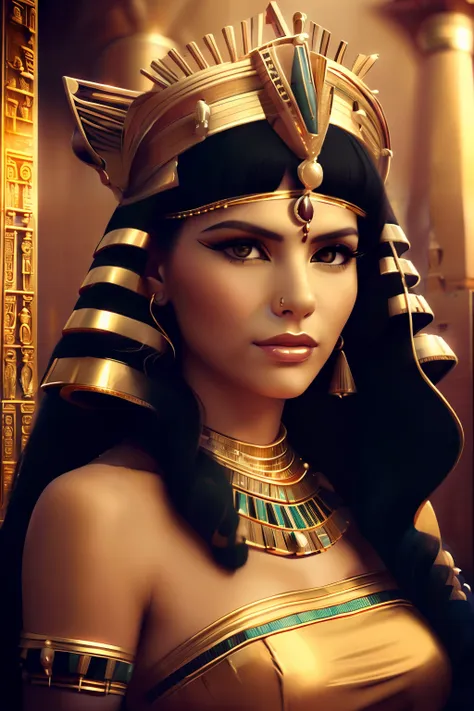 a close up of a woman wearing a gold dress and a gold headdress, cleopatra portrait, beautiful cleopatra, egyptian princess, a s...