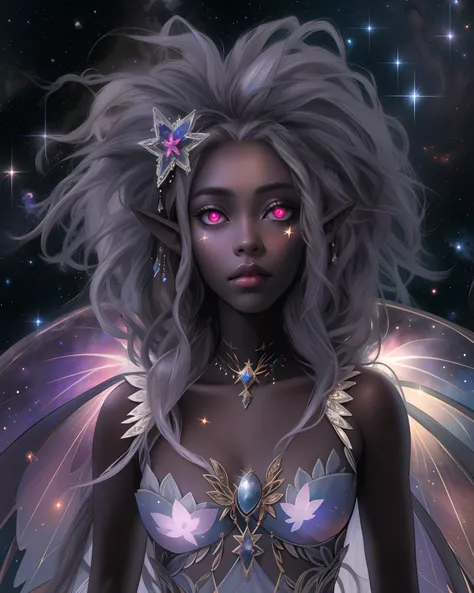 sad hyper realistic, beautiful sad african american dark cloud fairy dark princess fairy, large fairy wings, long silver shiny dreadlocks, white glowing eyes, surrounded by stars and galaxies in cosmic space, GIANT FAIRY WINGS, holding the MOON, masterpiec...