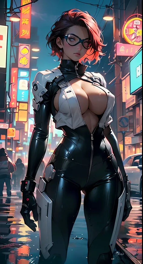 dark skin,very dark skin,dark_skin,
mechanical girl,(1girl: 1.3),((1 black girl with extremely cute and beautiful red hair)),((((black race)))),

(big breasts: 1.4),sagging breasts,(((short red hair: 1.35,cropped,redhead,very short hair)),((heterochromia:1...