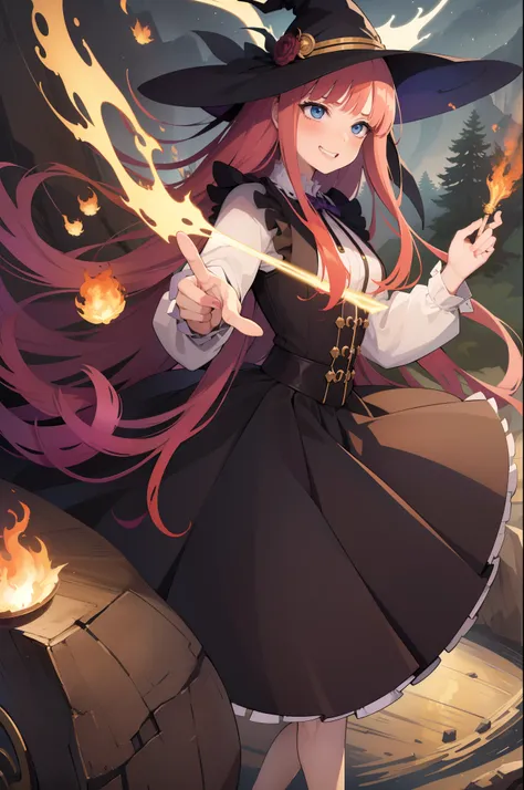 masterpiece, best quality, absurdres, novel illustration, 1girl, young, long hair, cinematic composition, cinematic angle, (dynamic pose:1.3), witch costume, hat, magic wand, fireball, magic, (casting spell:1.3), night, dark forest, bats, evil grin