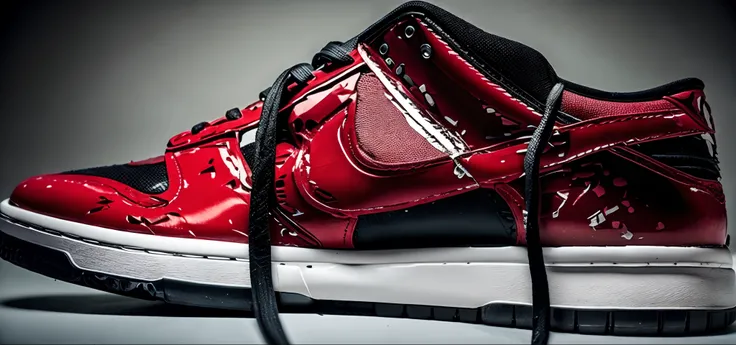 a close up of a pair of red and black sneakers, Tem uma tinta vermelha e preta, red and obsidian neon, apenas preto e vermelho!!!, tiro de perto do meio, High angle close shot upwards, fechar para cima. macro. hyper realistic, Foto altamente detalhada, Clo...