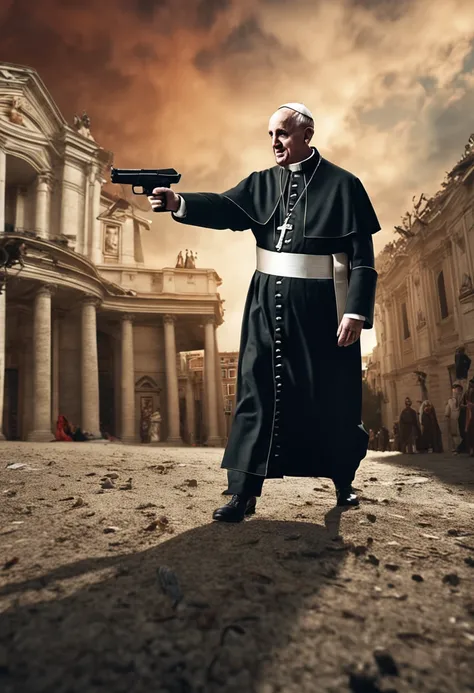 Ultra realistic 4k HDR image of Pope Francis with a gun killing demons