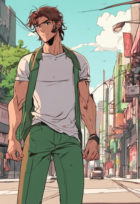 90s anime style, tall brunette boy, green eyes, muscles, aesthetically pleasing, facial hair, simple