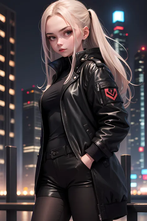 1 girl, night city, Sateen, black jacket, hands in pocket