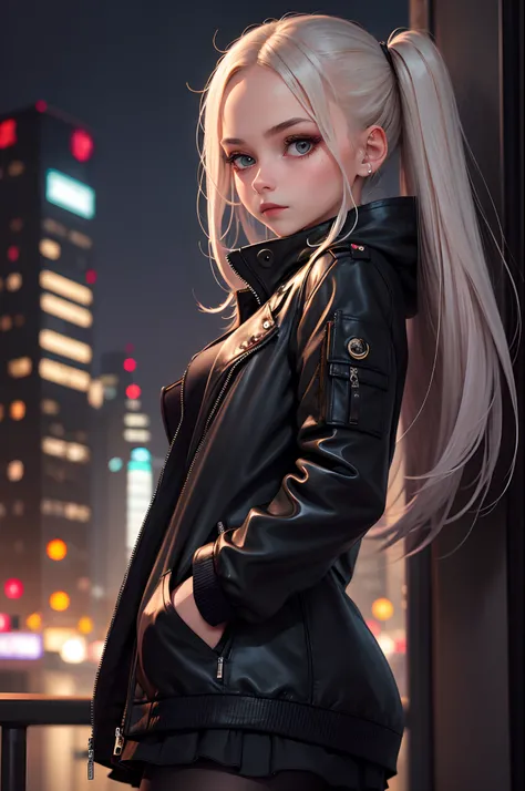 1 girl, night city, Sateen, black jacket, hands in pocket, eye to eye contact