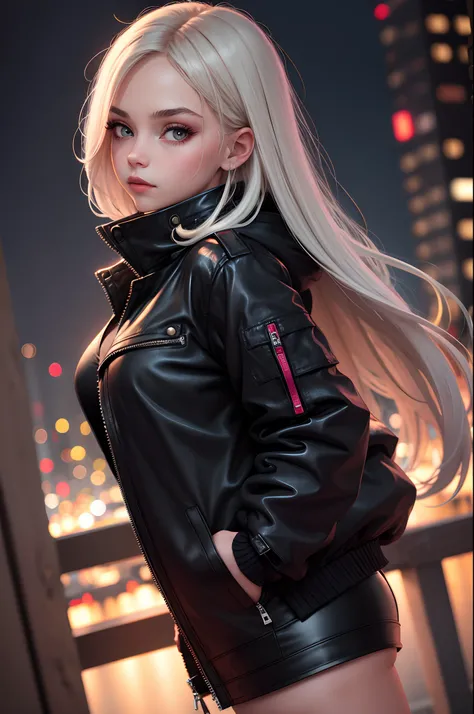 1 girl, night city, Sateen, black jacket, hands in pocket, eye to eye contact