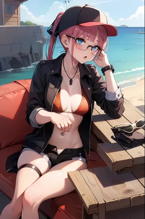 (best quality, masterpiece:1.2), 1girl, sitting, sexy, spread legs, seductive, houshouBikini, heterochromia, , ponytail, long hair, jewelry, baseball cap, sunglasses, eyewear on headwear, black jacket, open jacket, white shorts, short shorts, red bikini, s...