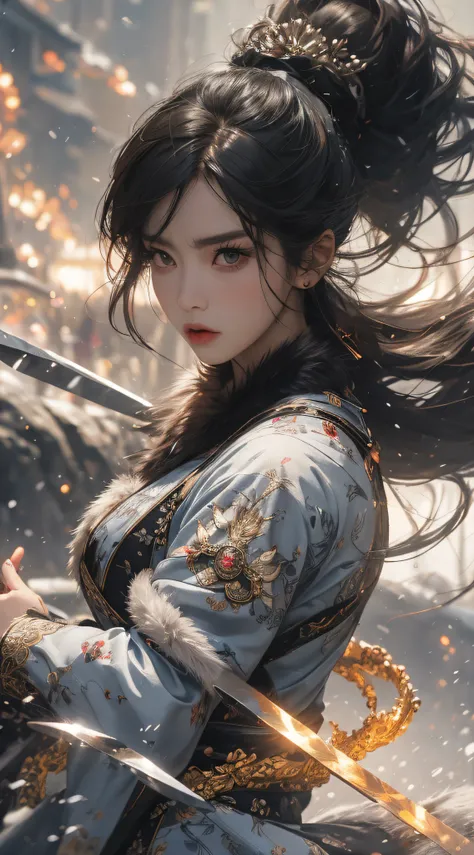 A woman holds a large knife，The knife is right in sight，Gorgeous fur collar thick Chinese dress，Angry expressions，Separate bangs，Raise an eyebrow，Ponytail hairstyle，flying stones，Surrounded by stones，fightingpose，dynamic blur，Detailed representation，8K