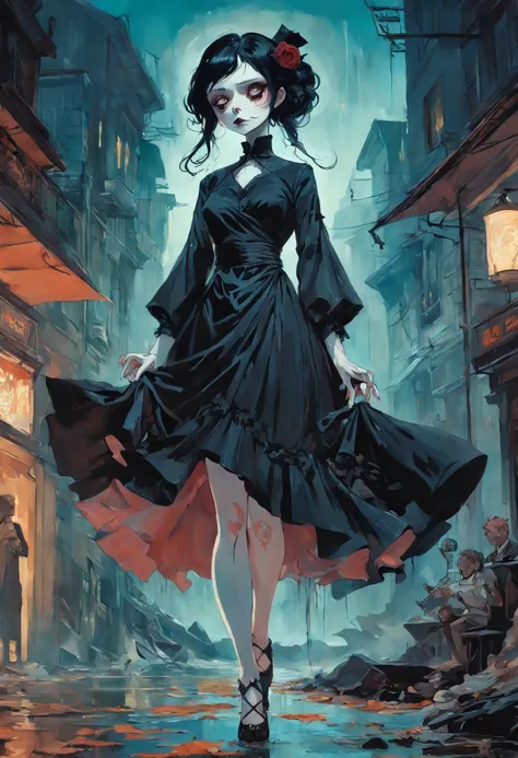 A woman dressed in a somptueuse victorian black dress. Drinking a coffee. In the style of Adrian Ghenie, Esao Andrews, Jenny Saville, Edward Hopper, surrealism, Dark Art par James Jean, Takato Yamamoto, Minimalisme inkpunk. Tim Burton. In the style of Corp...