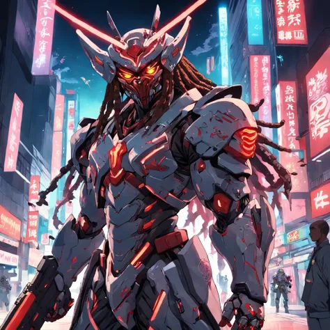 battle ready, epic, african american man cyborg soldier with dual samurai sword, red long dreadlocks, glowing neon X eyes, with shot gun on the side, heavy mecha armor, cybernetic, cyberpunk, colourful japanese stickers on armor, on planet venus, cinematic...