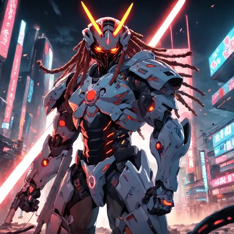 battle ready, epic, african american man cyborg soldier with dual samurai sword, red long dreadlocks, glowing neon X eyes, with shot gun on the side, heavy mecha armor, cybernetic, cyberpunk, colourful japanese stickers on armor, on planet venus, cinematic...